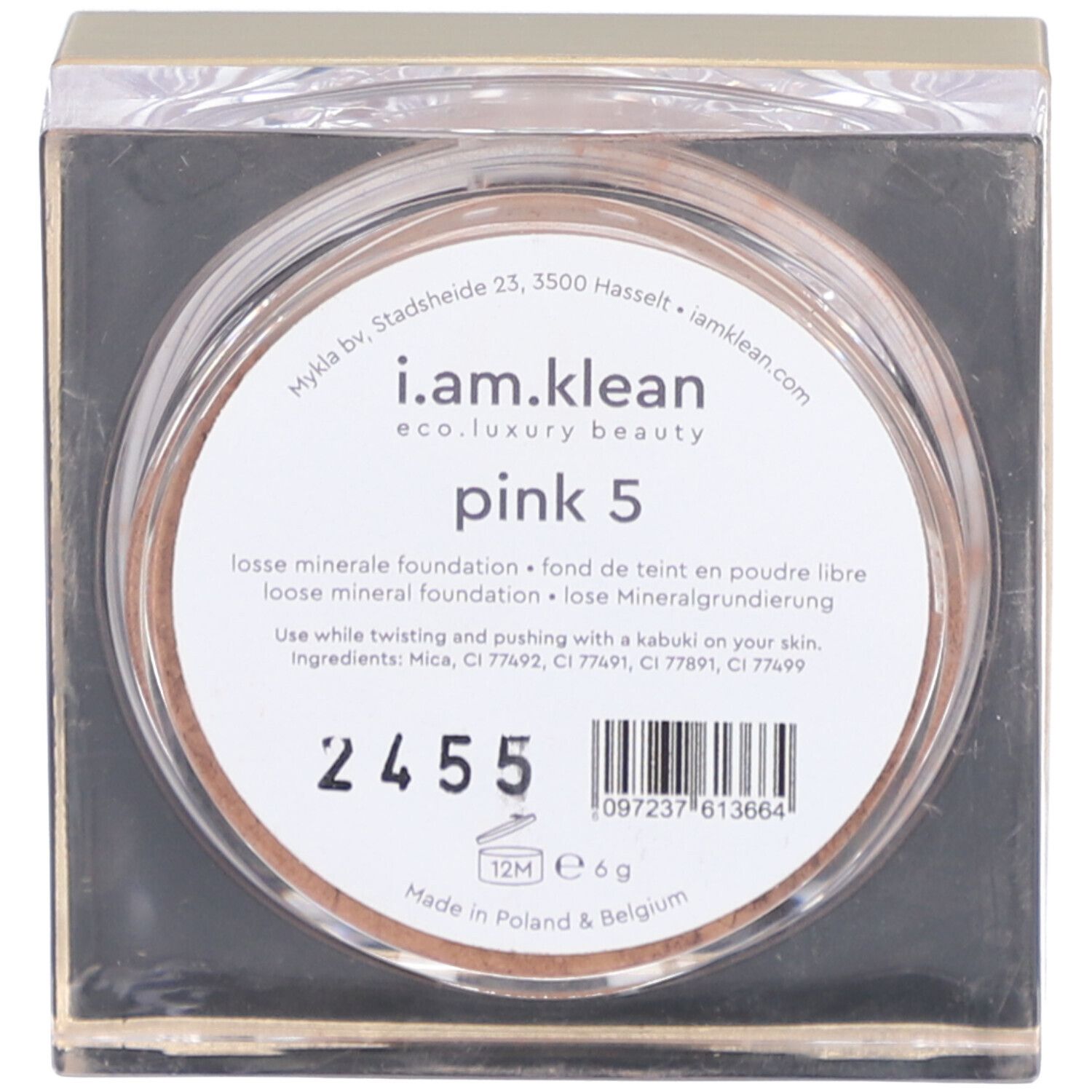 Runde, transparente Dose mit losem Mineralpuder. Auf dem Etikett steht pink 5, i.am.klean, und weitere Informationen.