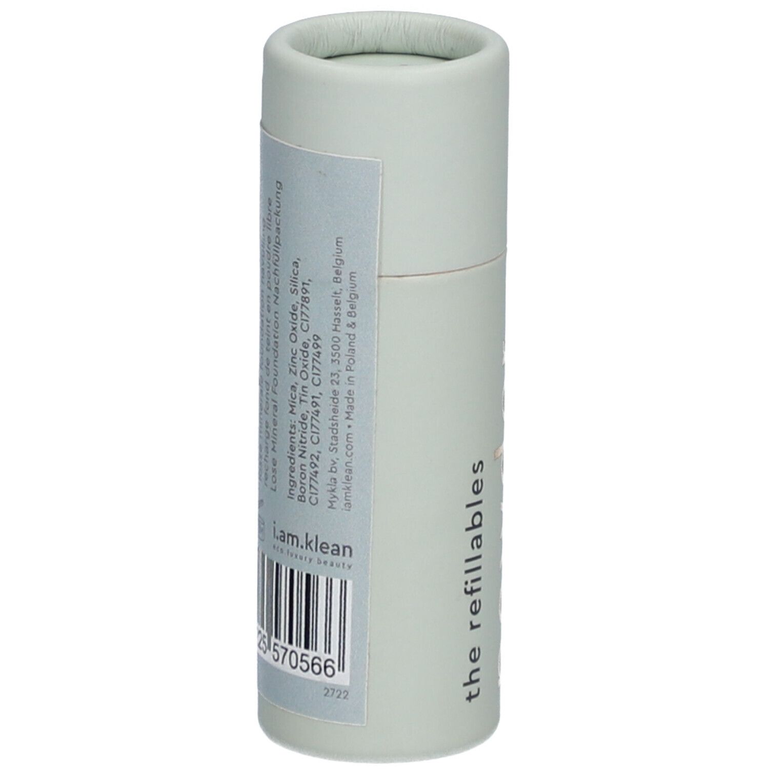 Cilindrische verpakking met etiket. Opschrift "i.am.klean", ingrediënten en barcode.