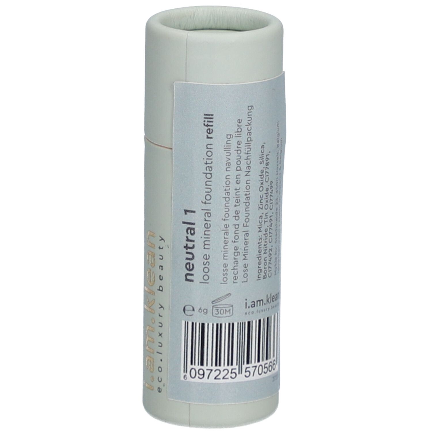 Cilindrische verpakking met etiket. Opschrift "neutral 1", "loose mineral foundation refill".