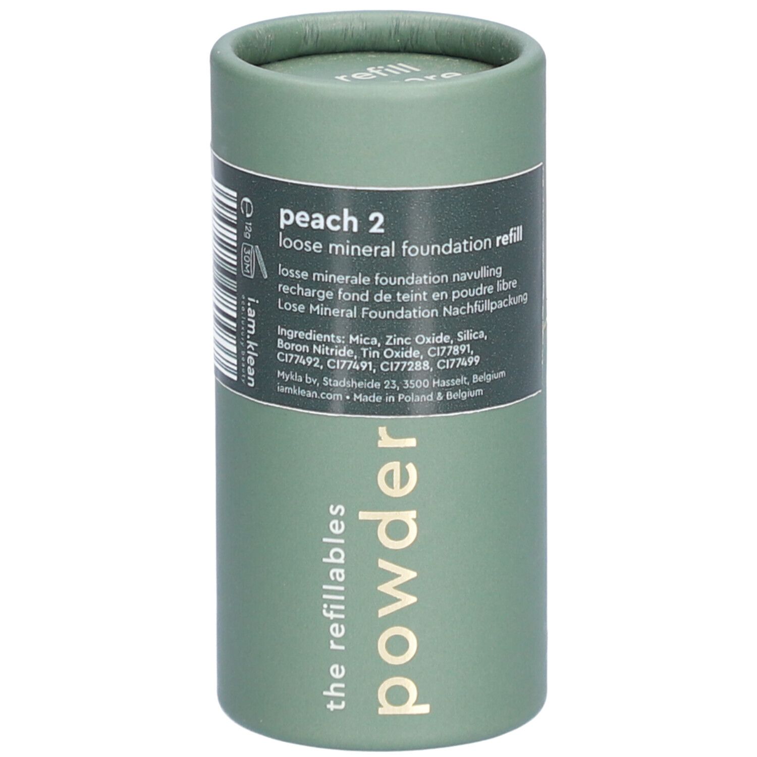 Recharge cylindrique de fond de teint minéral. Vert, avec informations et ingrédients. Inscription : peach 2, loose mineral foundation refill.