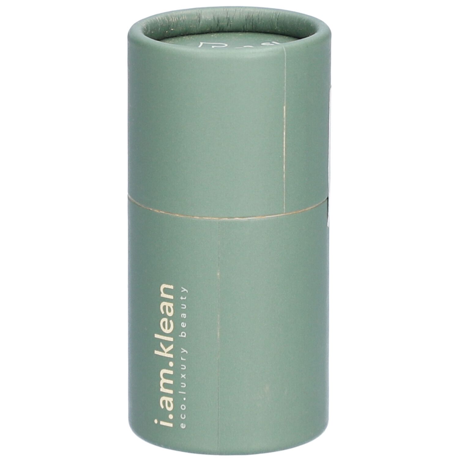 Recharge cylindrique de fond de teint minéral. Vert, avec logo i.am.klean. Inscription : eco.luxury beauty.