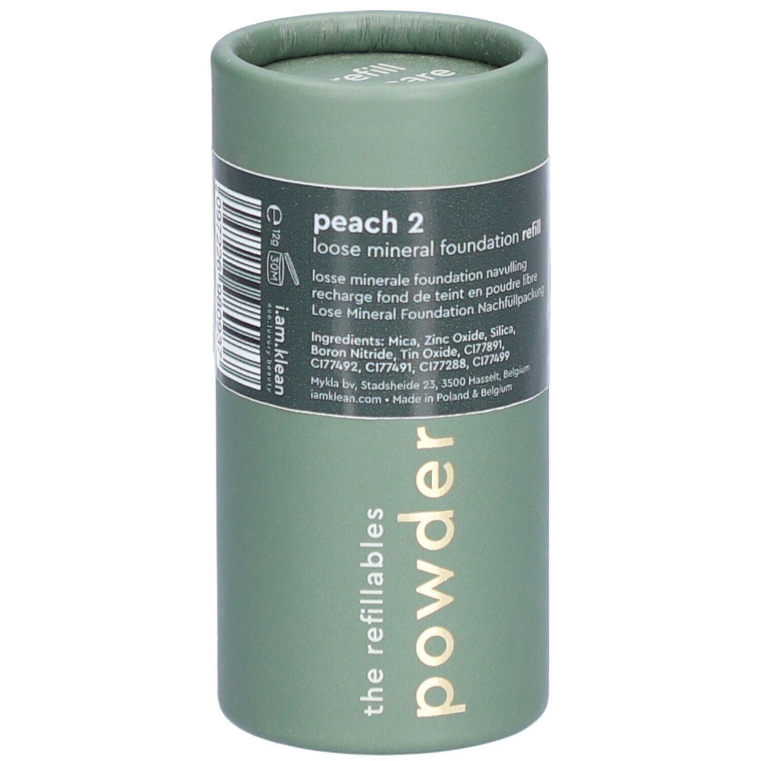 Recharge cylindrique de fond de teint minéral. Vert, avec informations et ingrédients. Inscription : peach 2, loose mineral foundation refill.