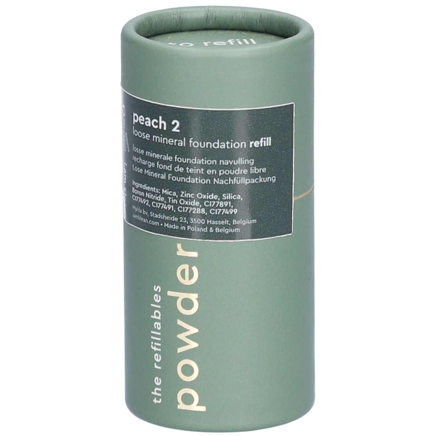 Recharge cylindrique de fond de teint minéral. Vert, avec informations et ingrédients. Inscription : peach 2, loose mineral foundation refill.
