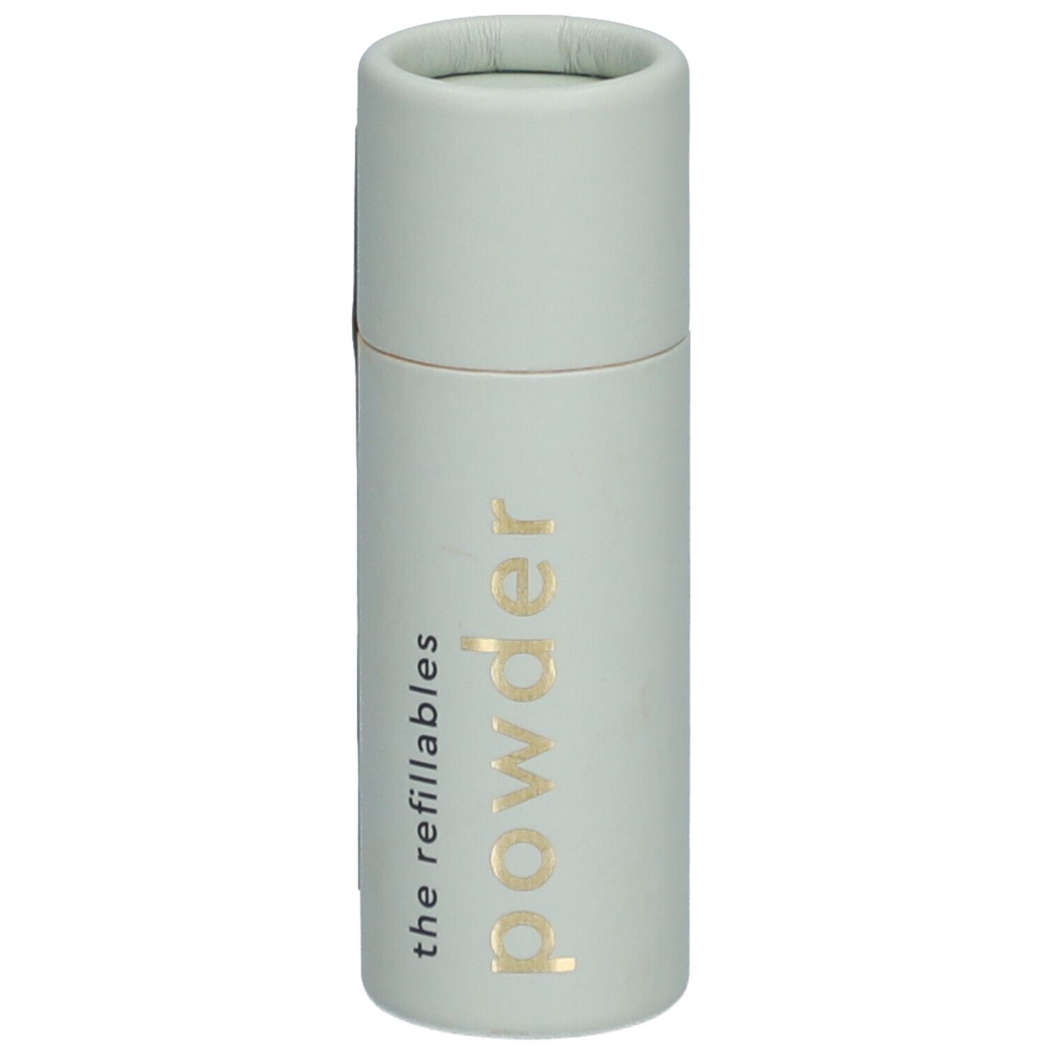 Recharge cylindrique vert clair avec inscription dorée "powder". Inscription "the refillables".