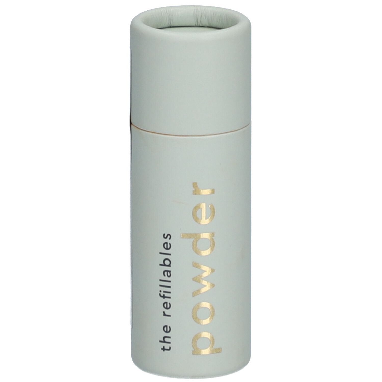 Recharge cylindrique vert clair avec inscription dorée "powder". Inscription "the refillables".