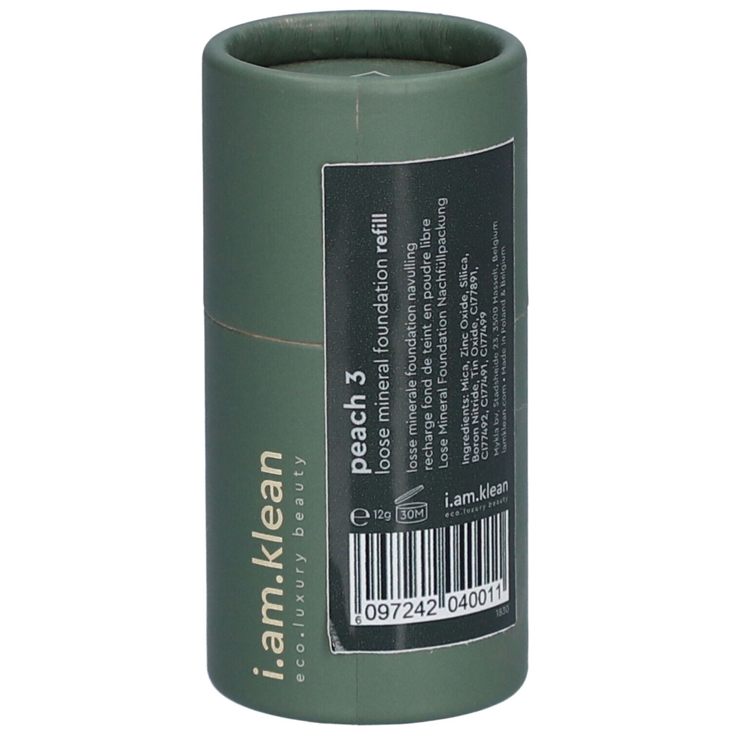 Grüne zylindrische Verpackung mit Etikett. Produkt: i.am.klean Recharge Lose Mineral Foundation Pfirsich 3.