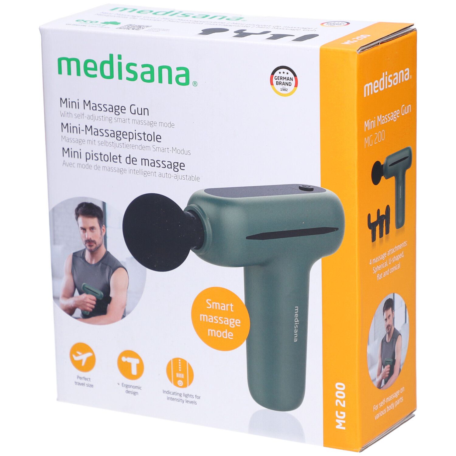 Grüne Mini-Massagepistole mit Verpackung. Marke: medisana. Auf der Verpackung: Produktname, Logo, Zertifizierung.