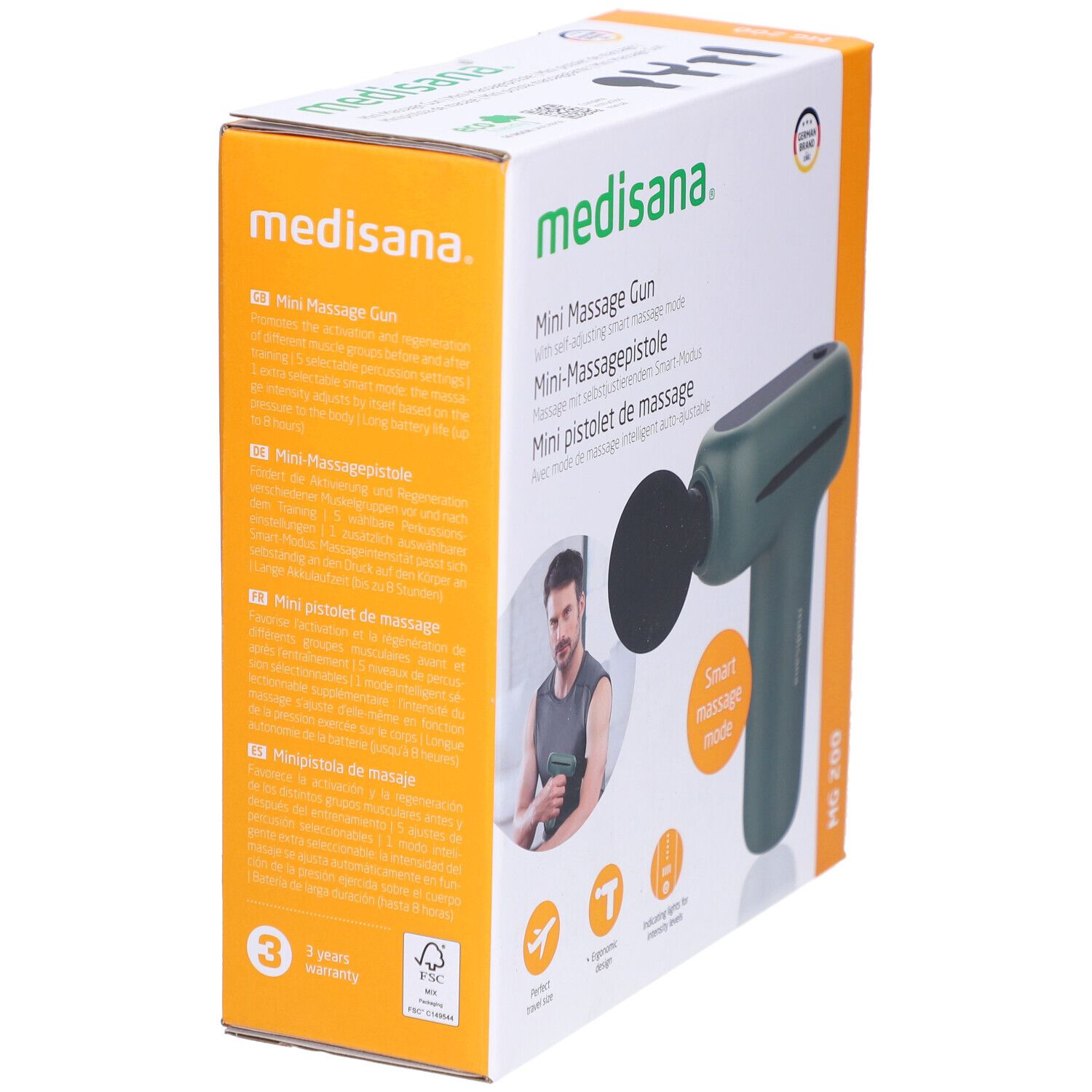 Verpackung der Mini-Massagepistole. Marke: medisana. Produktname, Logo, Zertifizierung. Auf der Verpackung ist ein Mann abgebildet.