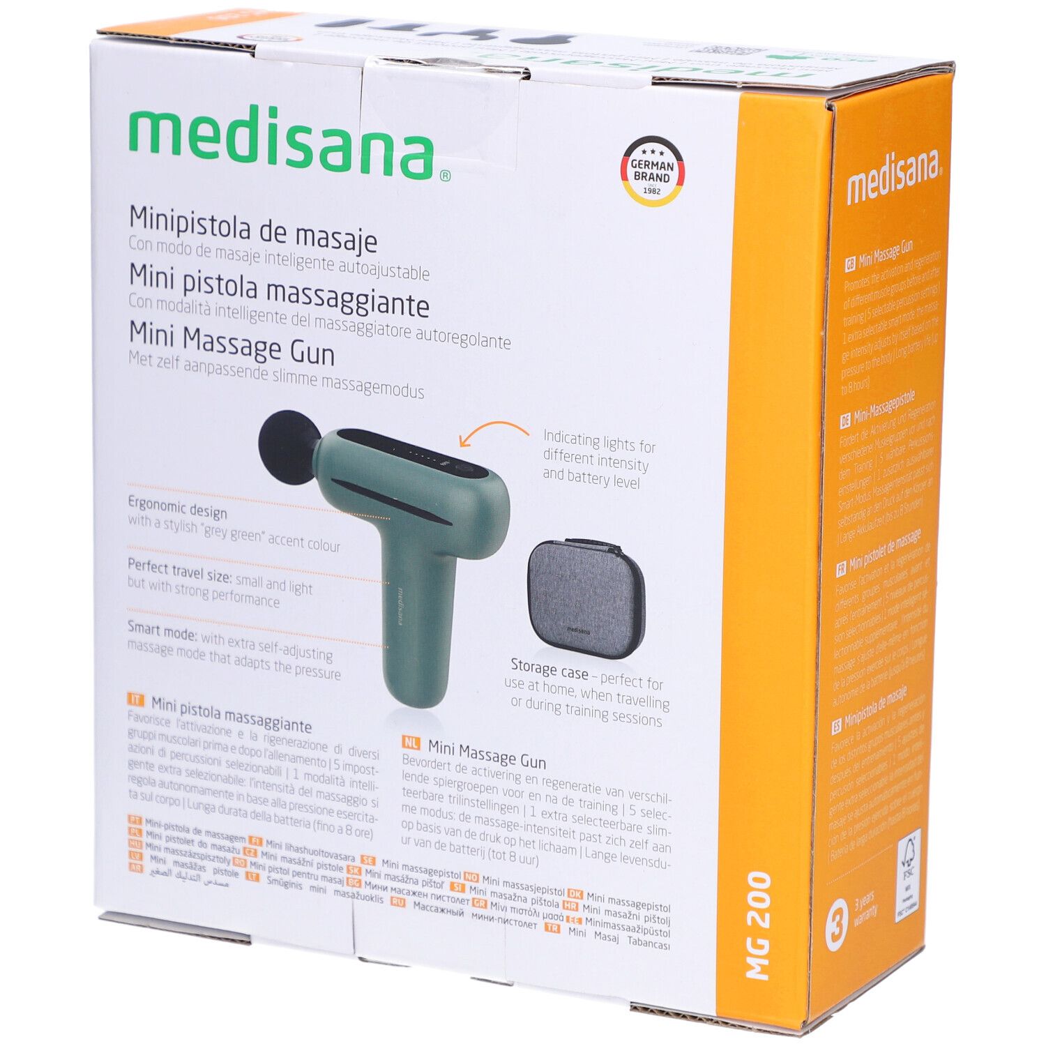 Rückseite der Verpackung der Mini-Massagepistole. Marke: medisana. Produktname, Logo, Zertifizierung. Abgebildet ist das Produkt und Zubehör.