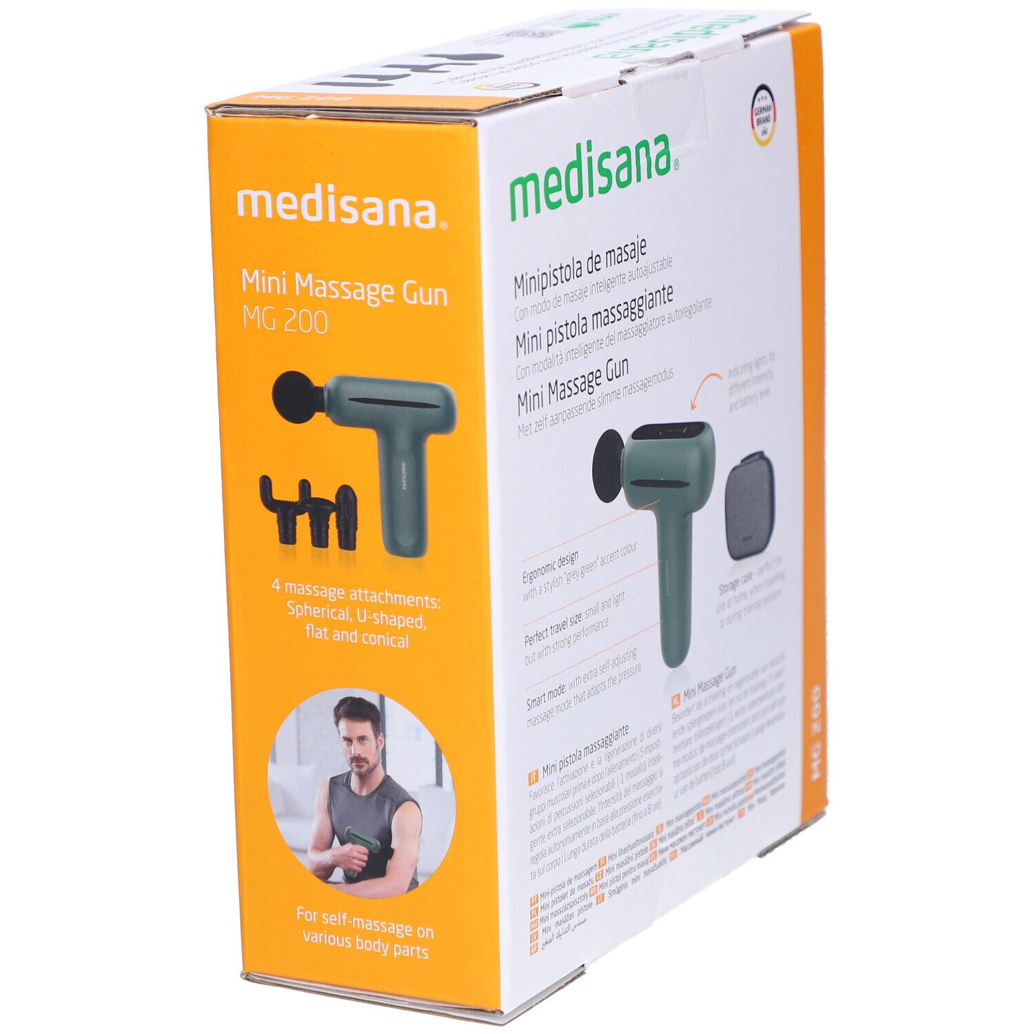 Verpackung der Mini-Massagepistole. Marke: medisana. Produktname, Logo, Zertifizierung. Abgebildet ist das Produkt und Zubehör.