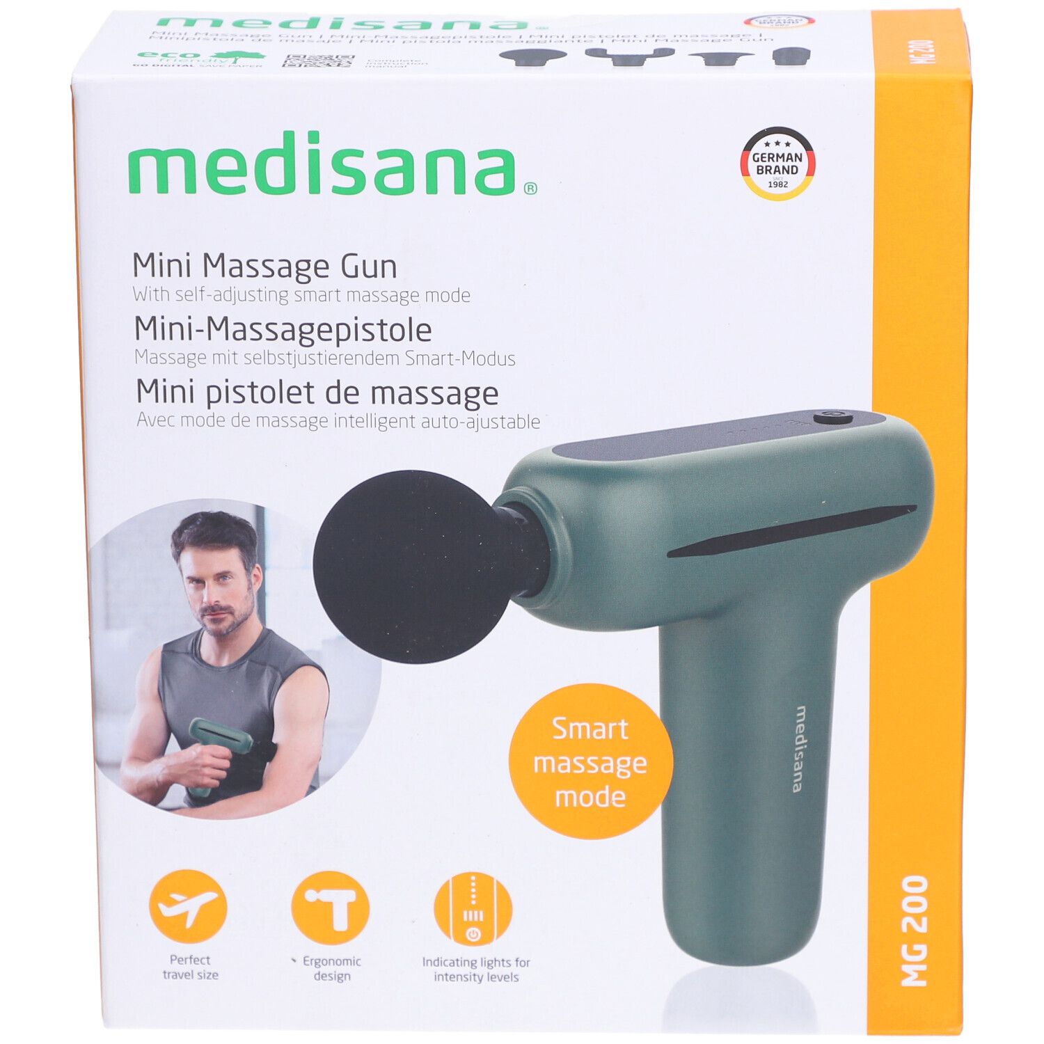 Mini-Massagepistole, grün. Marke: medisana. Produktname, Logo. Auf der Pistole: Smart-Modus. Auf der Verpackung: Zertifizierung.