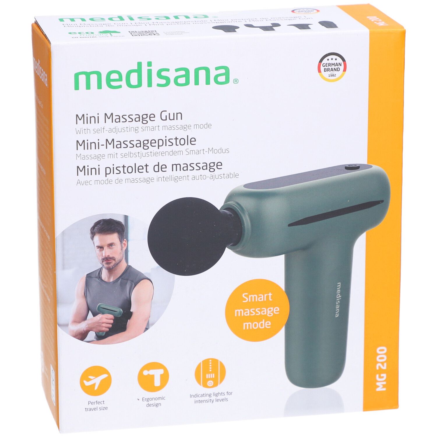 Mini-Massagepistole, grün. Marke: medisana. Produktname, Logo. Auf der Pistole: Smart-Modus. Auf der Verpackung: Zertifizierung.