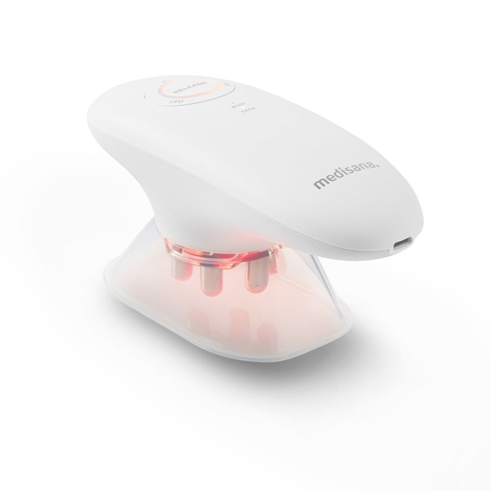 Witte medisana VC 150 massager. Ovale vorm, basis met massagekoppen. Verlichte elementen.