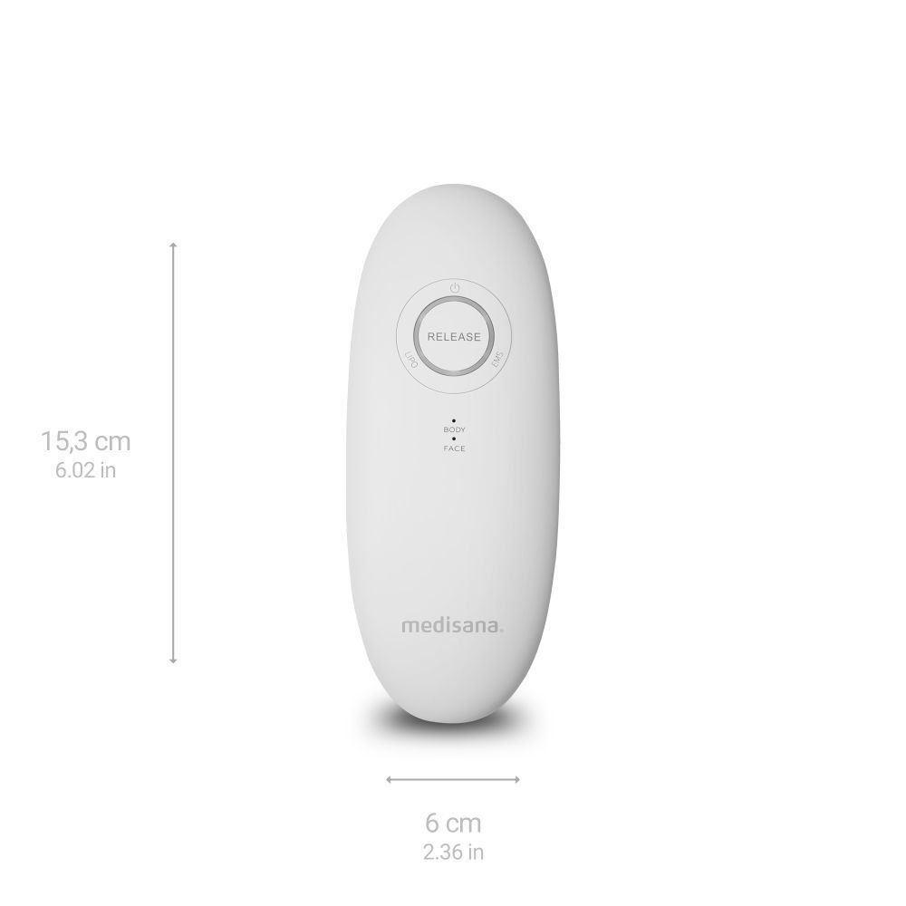 Witte medisana VC 150 massager. Ovale vorm, afmetingen: 15,3 cm x 6 cm. Bedieningspaneel.