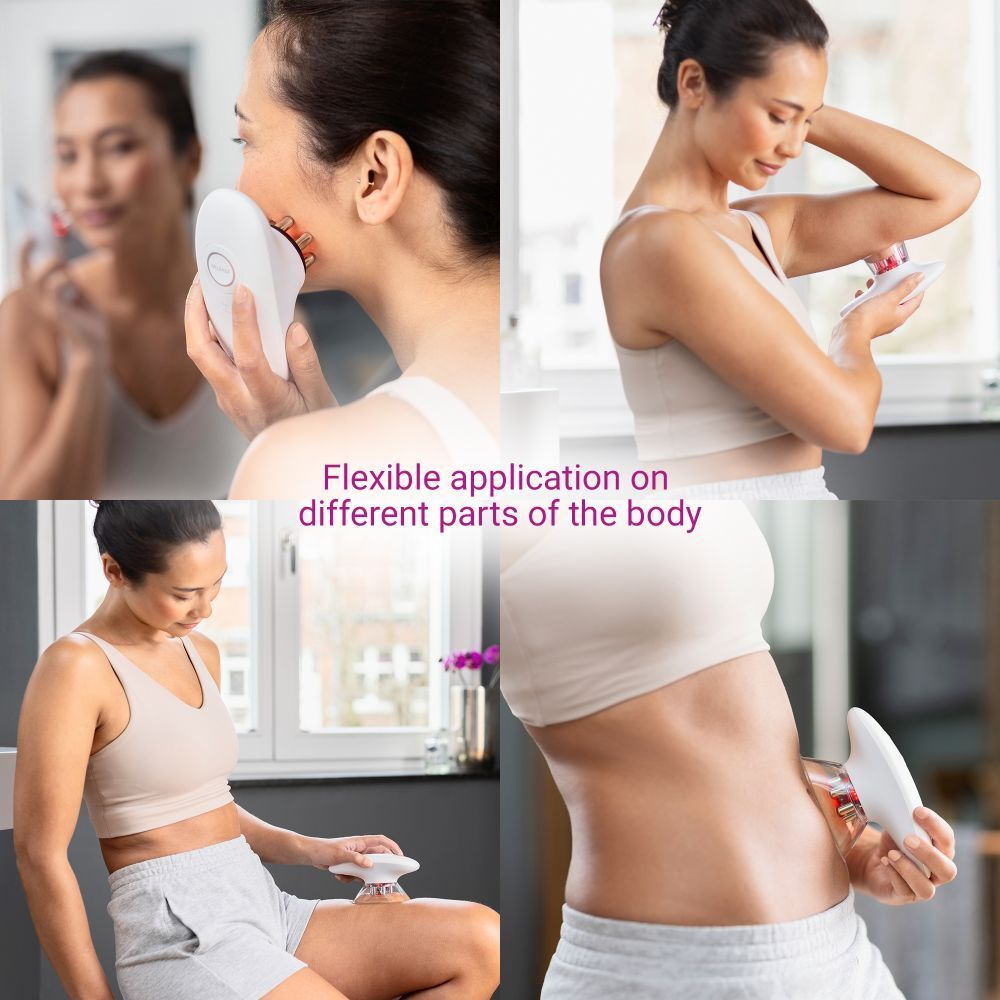 Vrouwen gebruiken de medisana VC 150 massager. Toepassing op gezicht, buik, dijen. Verschillende poses.
