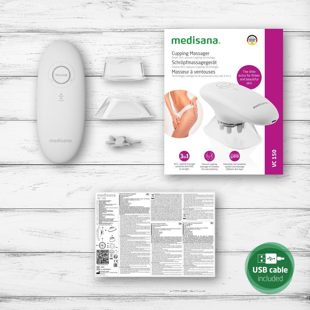medisana VC 150 massager en accessoires. Massager, opzetstukken, handleiding, USB-kabel.