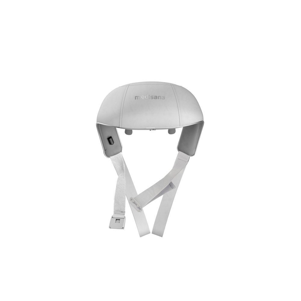 Masseur de cou gris. Dessus avec logo medisana. Deux sangles avec velcro.