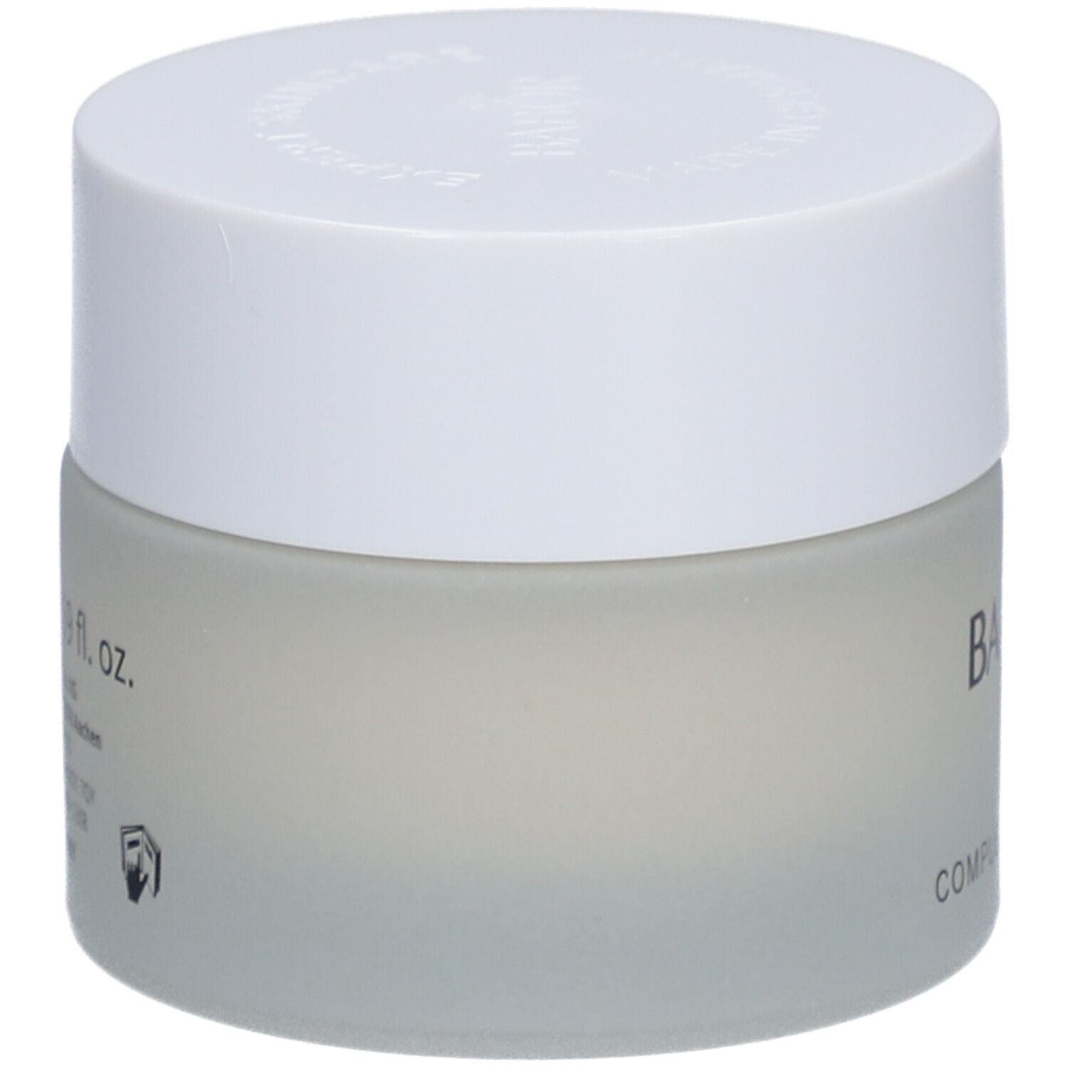 Creme-Tiegel mit weißem Deckel. Auf dem Tiegel steht BABOR. Aufgedruckt sind Informationen.