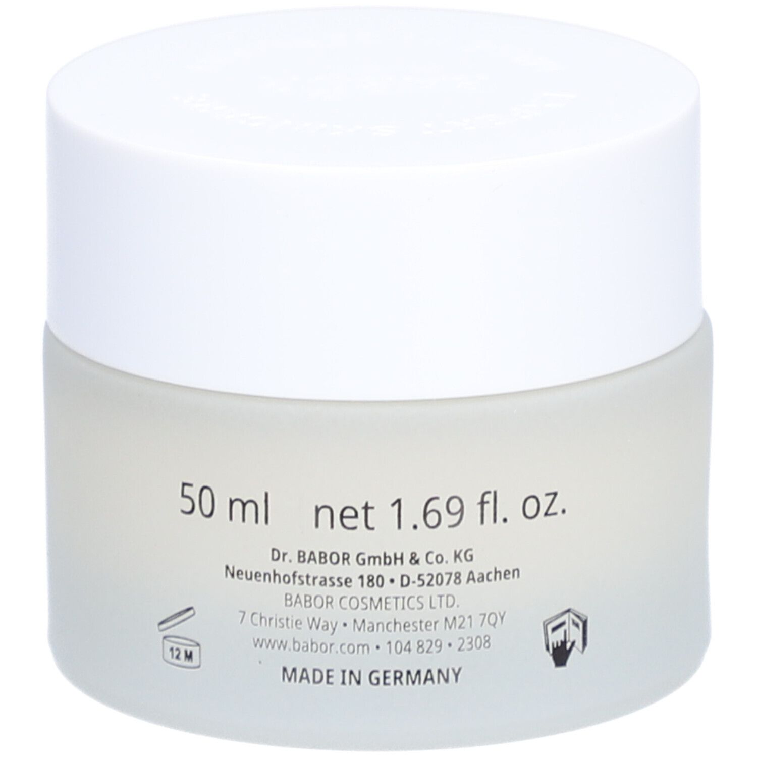 Creme-Tiegel mit weißem Deckel. Auf dem Tiegel stehen 50 ml und net 1.69 fl. oz. sowie weitere Informationen.