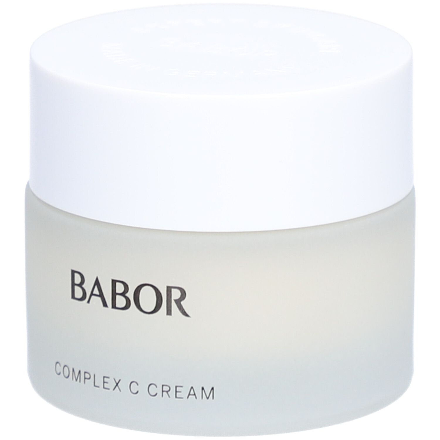 Creme-Tiegel mit weißem Deckel. Auf dem Tiegel steht BABOR und COMPLEX C CREAM.