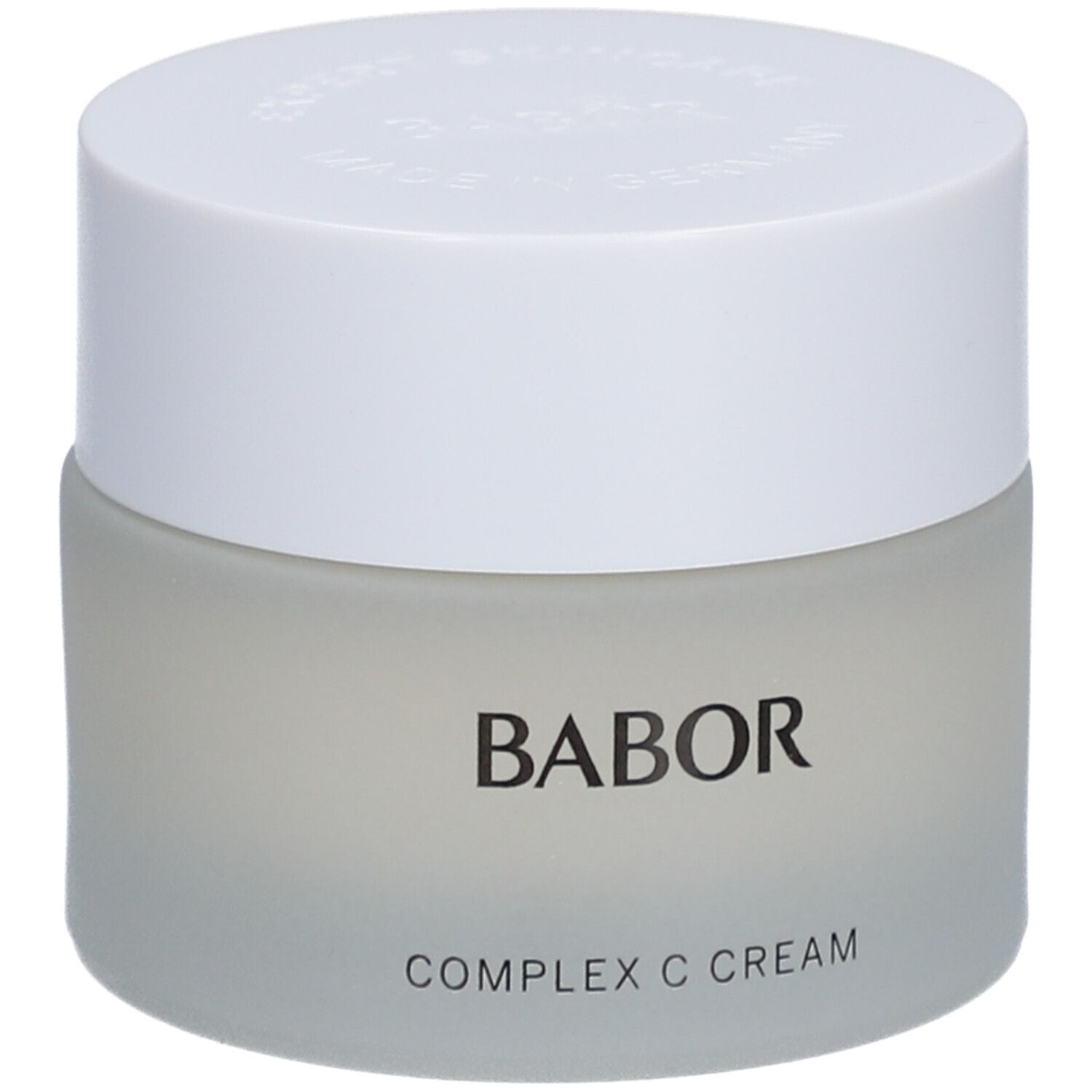 Creme-Tiegel mit weißem Deckel. Auf dem Tiegel steht BABOR und COMPLEX C CREAM.
