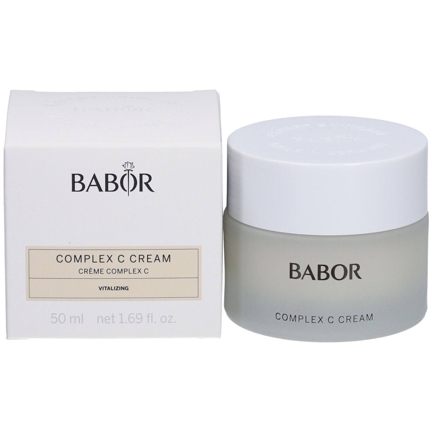 Weiße Schachtel und Creme-Tiegel. Auf der Schachtel steht BABOR, COMPLEX C CREAM und Vitalizing. 50 ml.