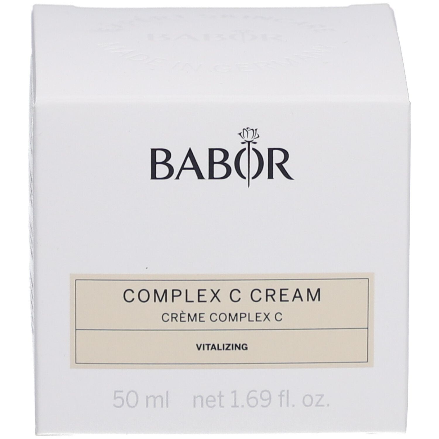Weiße Schachtel. Auf der Schachtel steht BABOR, COMPLEX C CREAM und Vitalizing. 50 ml.
