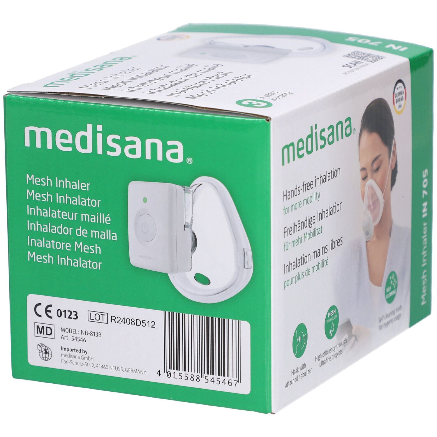 Verpackung des medisana IN 705 Inhalateurs. Produkt und Zubehör abgebildet. CE-Kennzeichnung, Chargennummer.