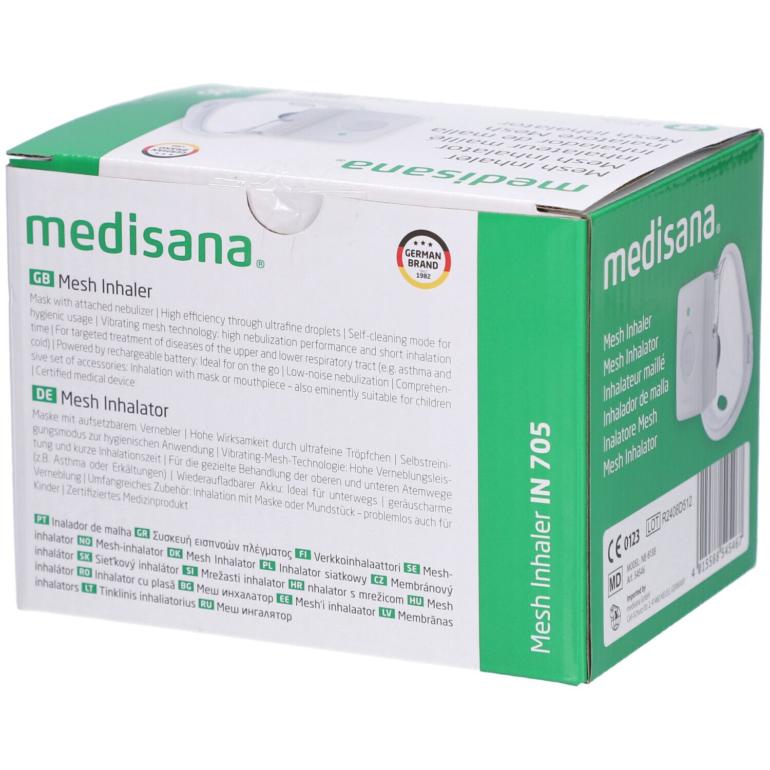 Verpackung des medisana IN 705 Inhalateurs. Text in mehreren Sprachen. German Brand Award.