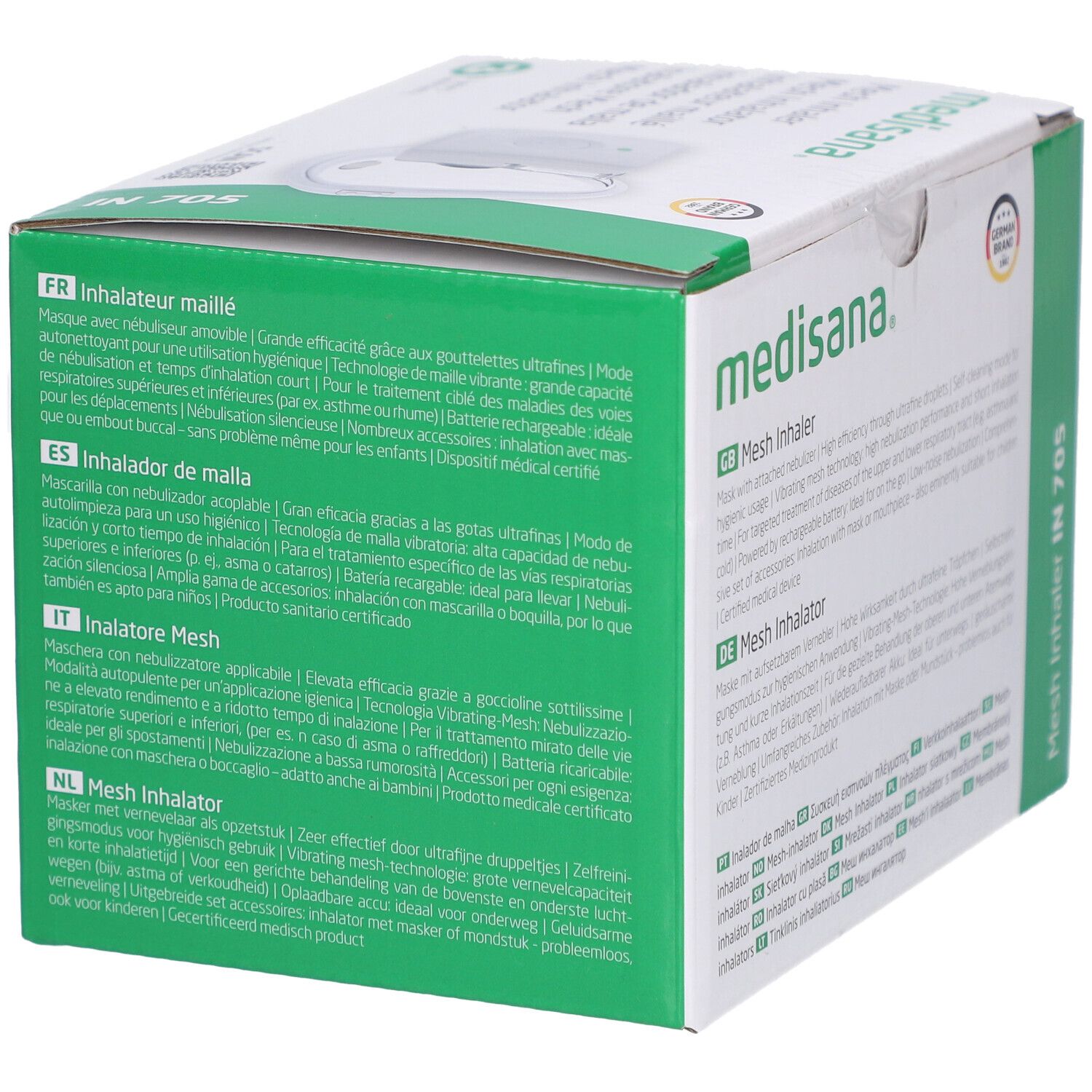 Verpackung des medisana IN 705 Inhalateurs. Text in mehreren Sprachen. CE-Kennzeichnung.