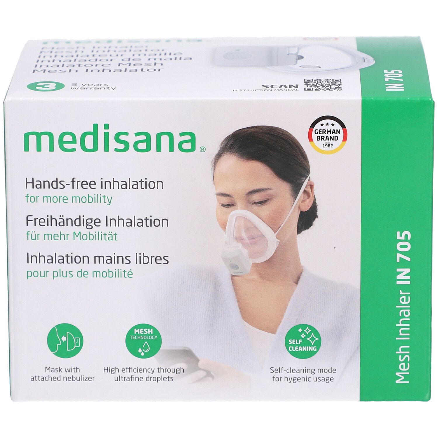 Verpackung des medisana IN 705 Inhalateurs. Aufdruck: Hands-free Inhalation, Mesh Technologie, Selbst-Reinigungsmodus.