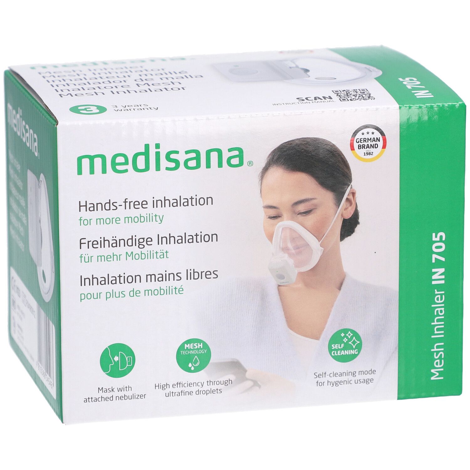 Verpackung des medisana IN 705 Inhalateurs. Aufdruck: Hands-free Inhalation, Mesh Technologie, Selbst-Reinigungsmodus.