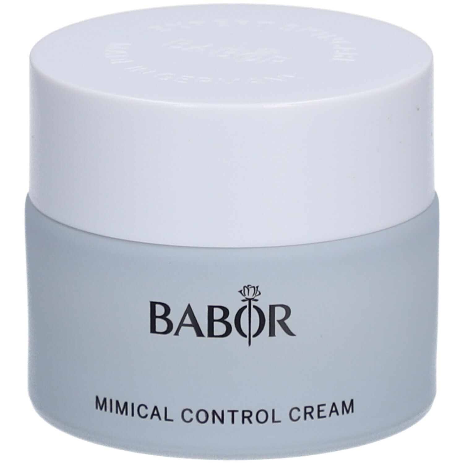 Hellgraues Cremetiegel mit weißem Deckel. Aufschrift BABOR und MIMICAL CONTROL CREAM. Produktverpackung.