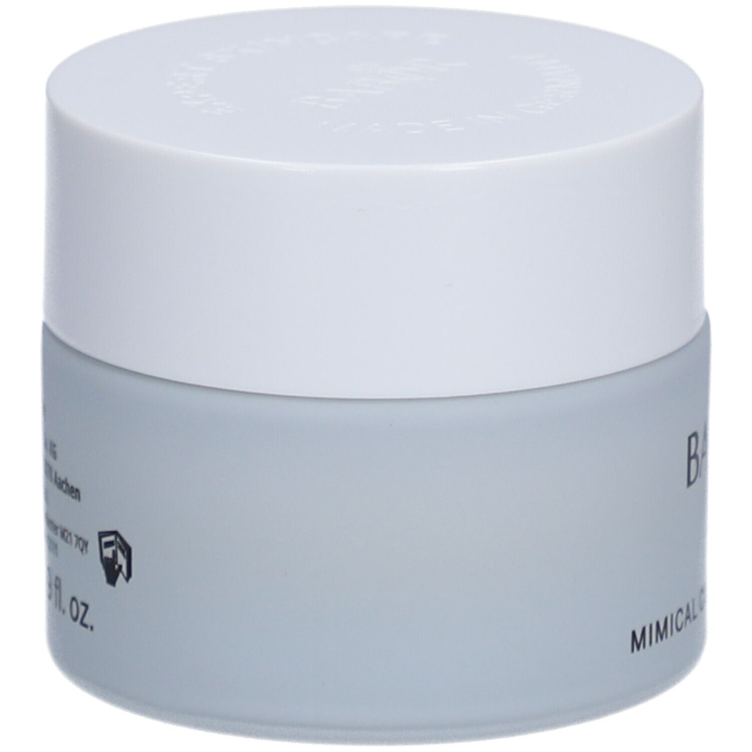 Hellgraues Cremetiegel mit weißem Deckel. Aufschrift BABOR und MIMICAL CONTROL CREAM. Produktverpackung.