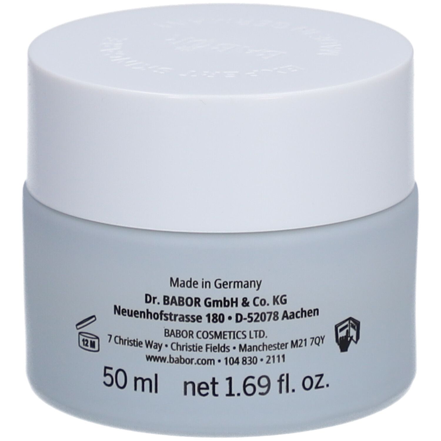Hellgraues Cremetiegel mit weißem Deckel. Aufschrift BABOR und MIMICAL CONTROL CREAM. 50 ml.