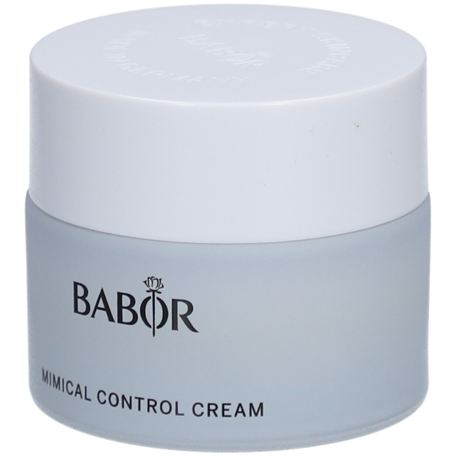 Hellgraues Cremetiegel mit weißem Deckel. Aufschrift BABOR und MIMICAL CONTROL CREAM. Produktverpackung.