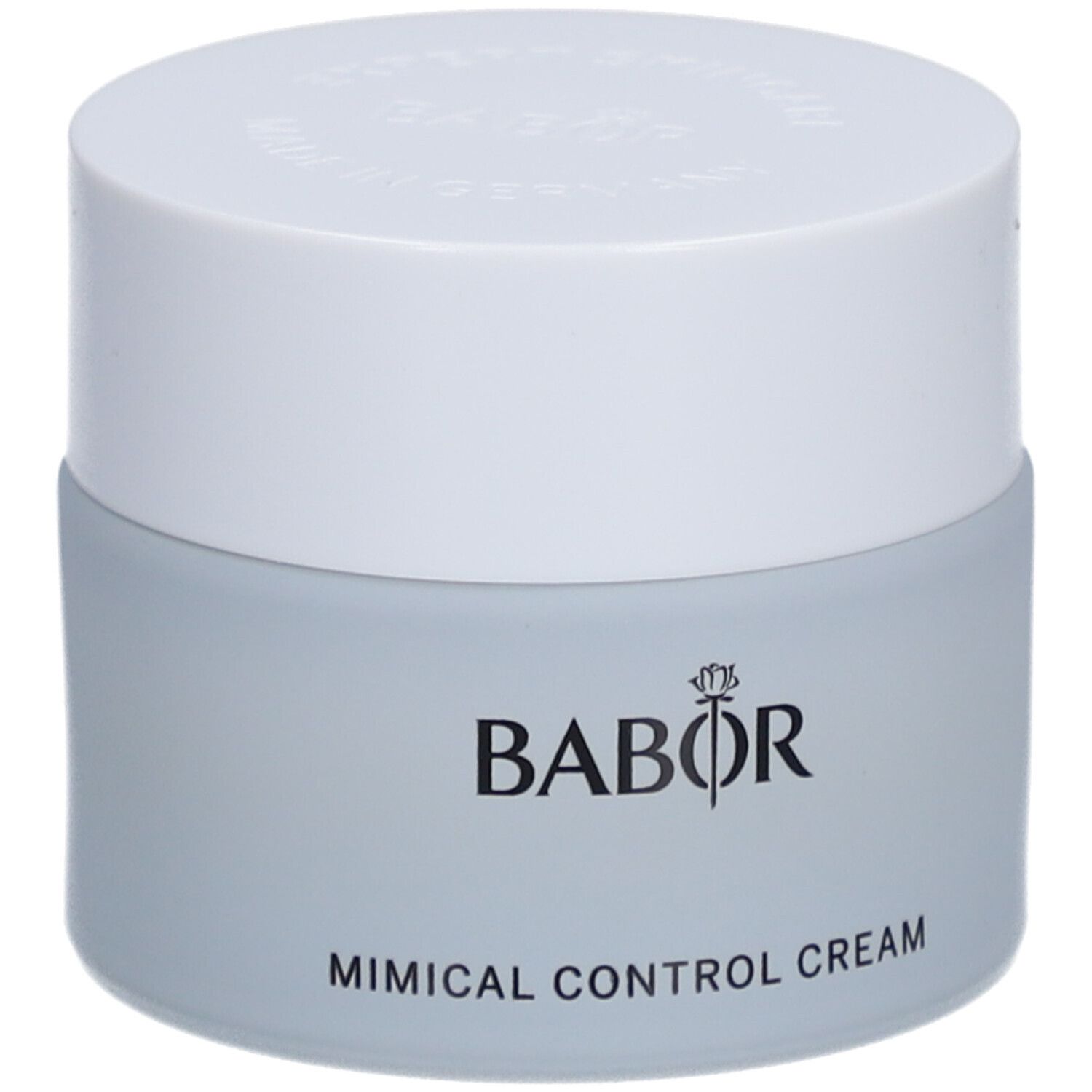 Hellgraues Cremetiegel mit weißem Deckel. Aufschrift BABOR und MIMICAL CONTROL CREAM. Produktverpackung.
