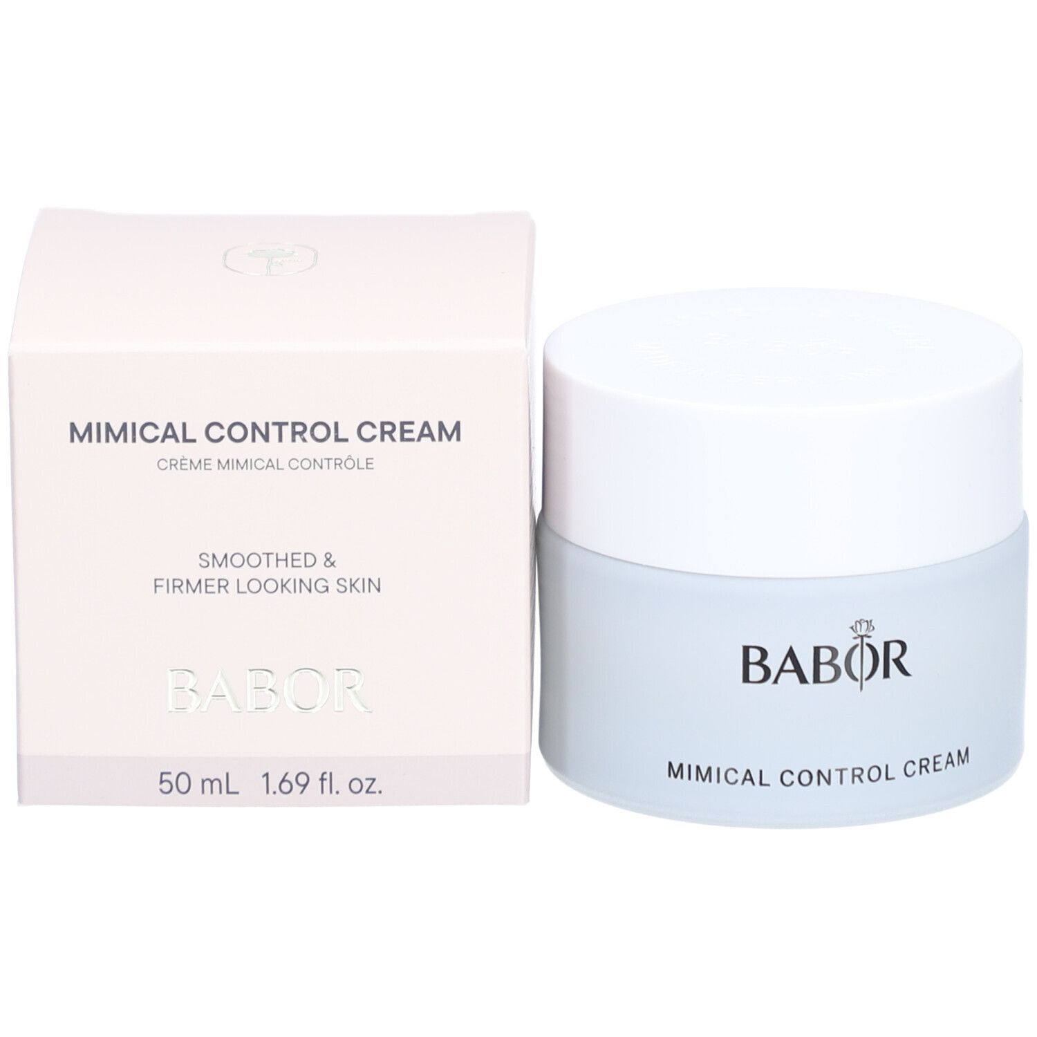 Cremetiegel und Verpackung. Aufschrift MIMICAL CONTROL CREAM, BABOR. 50 ml.