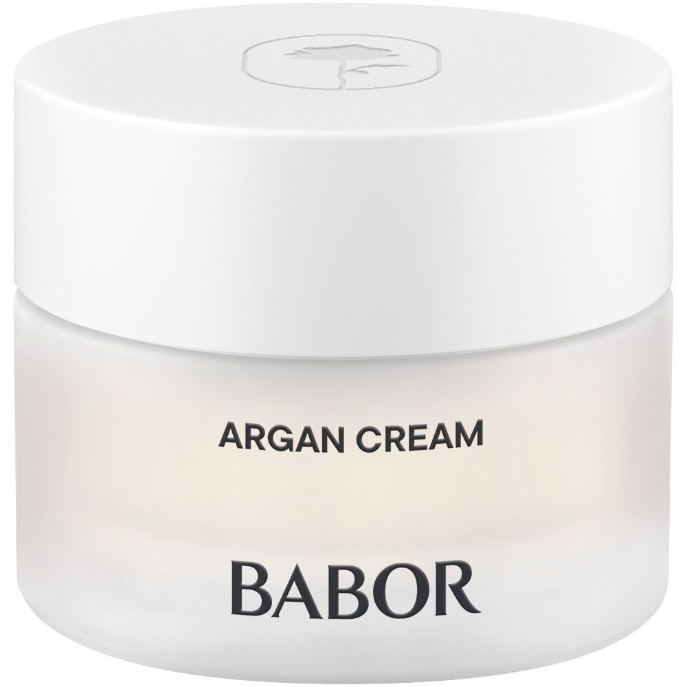 BABOR SKINOVAGE Argan Cream: Vorderansicht des matten Glasbehälters mit weißem Deckel.