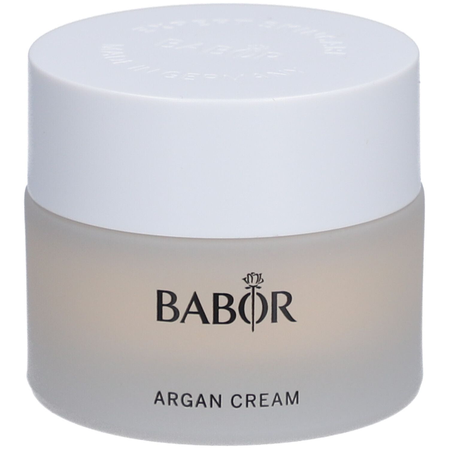 Creme-Tiegel mit weißem Deckel. Auf dem Tiegel steht BABOR und ARGAN CREAM.