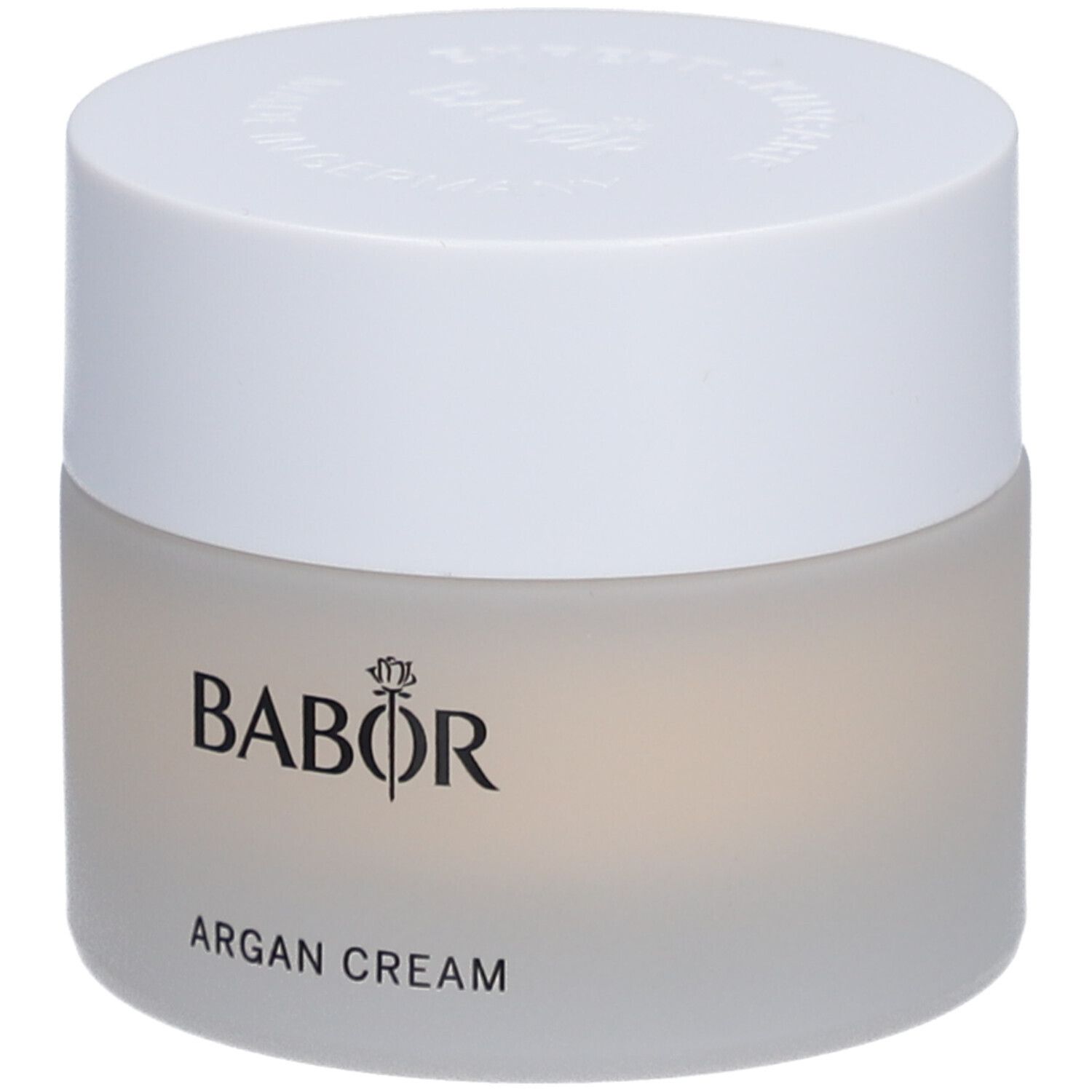 Creme-Tiegel mit weißem Deckel. Auf dem Tiegel steht BABOR und ARGAN CREAM.