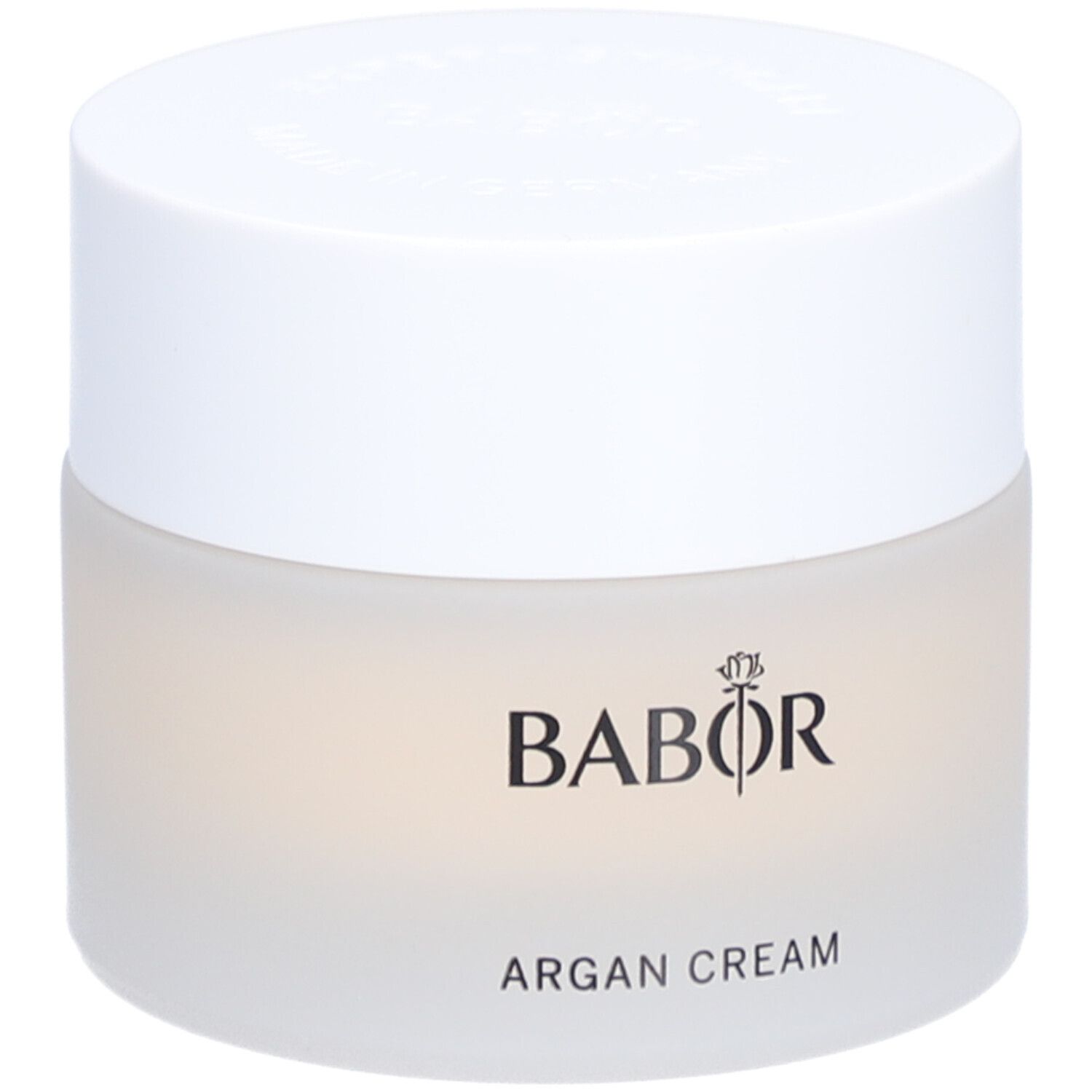 Creme-Tiegel mit weißem Deckel. Auf dem Tiegel steht BABOR und ARGAN CREAM.