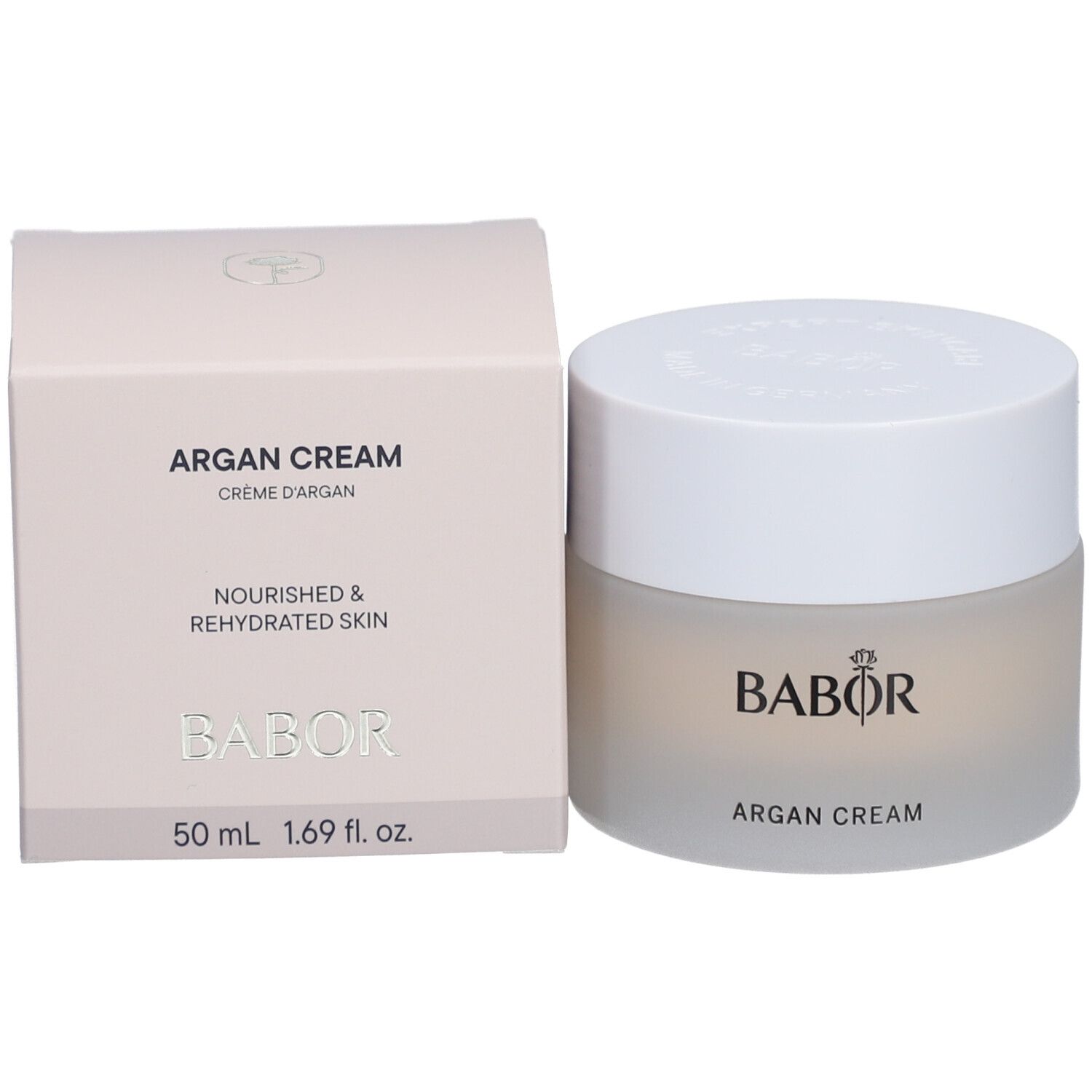 Creme-Tiegel und Karton. Auf dem Tiegel steht BABOR und ARGAN CREAM. Auf dem Karton steht ARGAN CREAM.