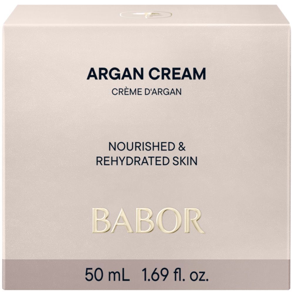 BABOR SKINOVAGE Argan Cream: Seitenansicht des Behälters mit Details zur Herstellung.