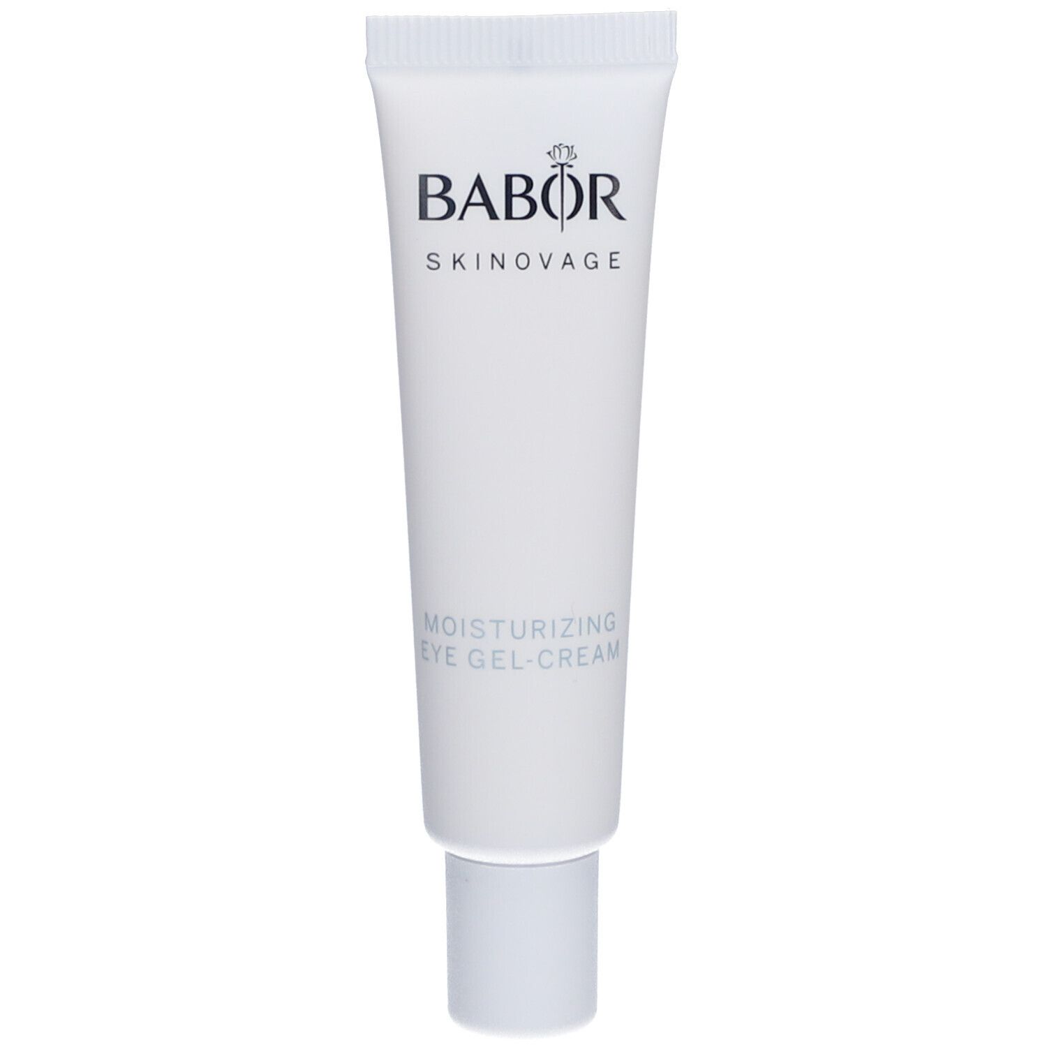Weiße Tube mit schwarzem BABOR-Logo und Aufschrift: Moisturizing Eye Gel-Cream. Produkt für die Augenpartie.