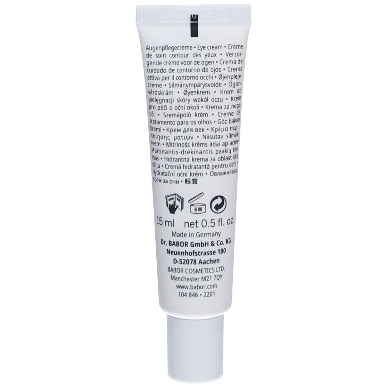 Rückseite der Tube mit Produktinformationen und Inhaltsstoffen. 15 ml, Made in Germany, BABOR.