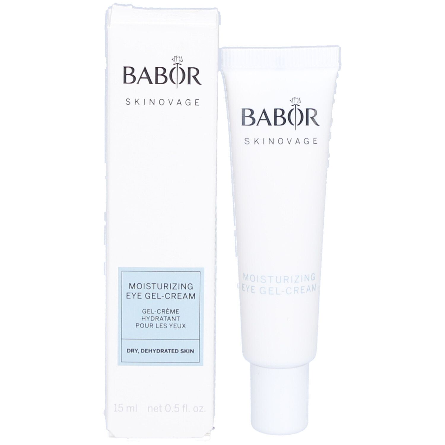 Weiße Verpackung mit Tube. Aufschrift: BABOR, Moisturizing Eye Gel-Cream. Gel-Crème hydratant pour les yeux.