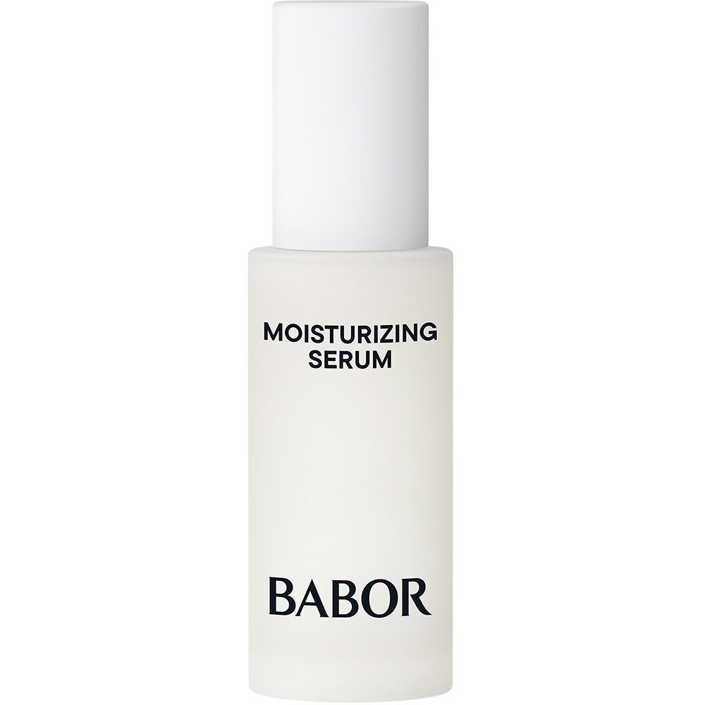 Babor Skinovage Moisturizing Serum Flakon mit weißem Pumpspender.