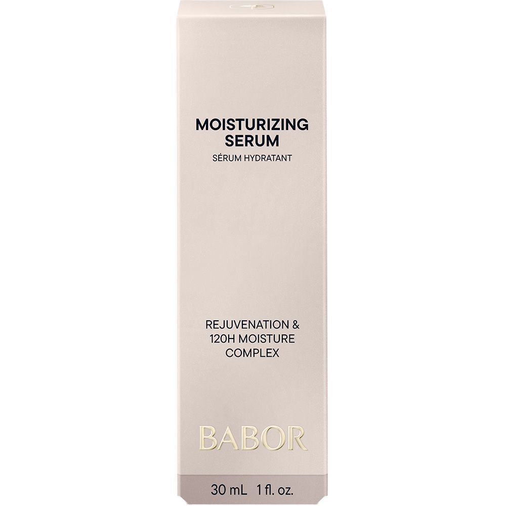 Babor Skinovage Moisturizing Serum Flakon, Rückseite mit mehrsprachigen Inhaltsstoffen.