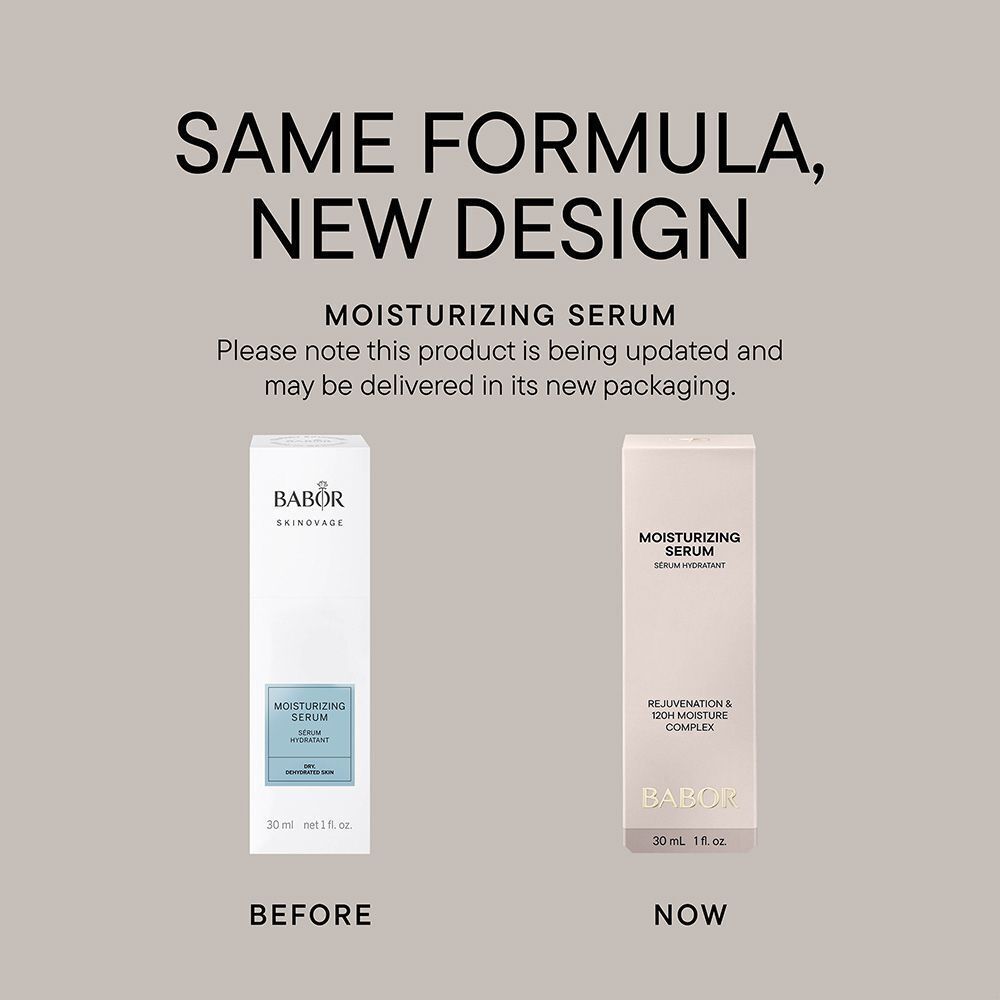 Babor Skinovage Moisturizing Serum Flakon, Rückseite mit Volumenangabe 30ml.